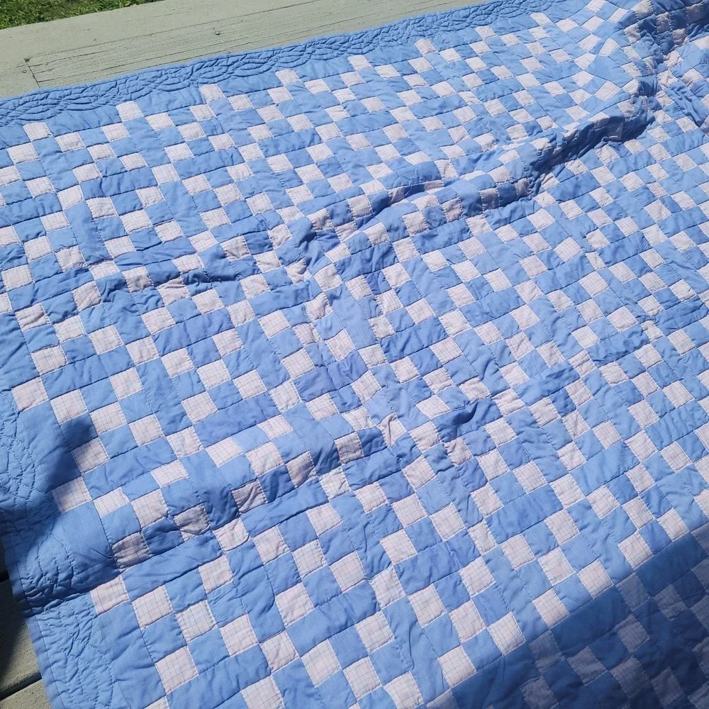 Vintage Handmade Hand Stitched Patchwork Quilt Bedspread 80x92 Blue Pink